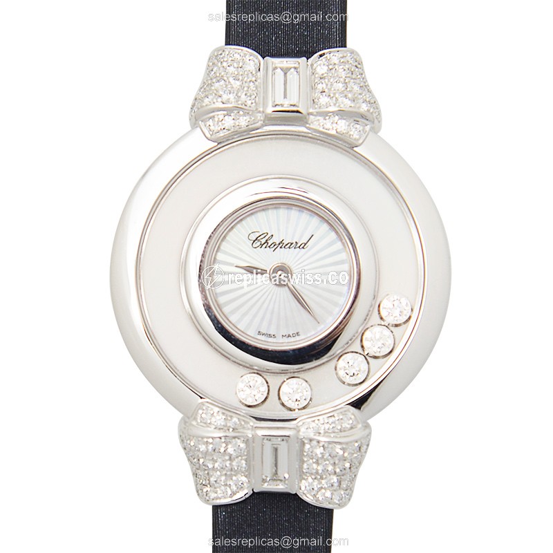 Chopard Happy Diamonds Quartz 18kt White Gold - Skull Dial - Silk Black Strap - Buckle Clasp